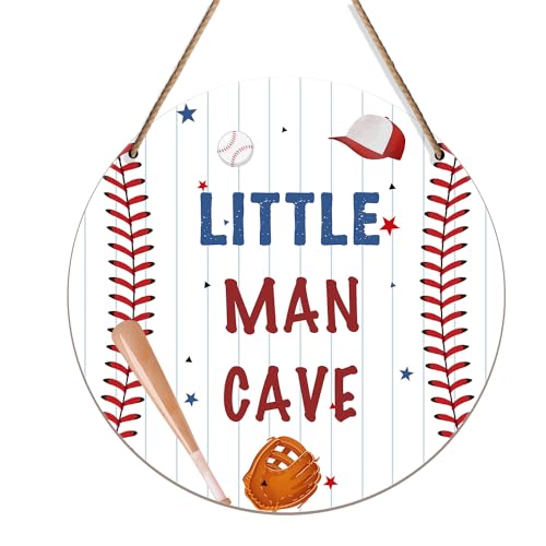 Image of Simimi art Little Man Cave Wooden Sign Space Decor, Baseball Lover Wood Hanging Wall Art Decor, Nursery Boys Kids Playroom Classroom Decor