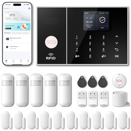 PGST GSM/WiFi Alarmanlagen Komplettsystem, Alarmanlage Haus mit Alarmsirene, Haussicherheits Set inkl. Fensteralarm/Türalarm, Bewegungsmelder, Fernbedienung,Tag,SOS Hausnotruf