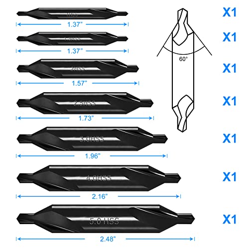 7 Packs Center Drill Bits Set, Black Oxide Coating M2 High Speed Steel Center Drill Bits Kit 60 Degree Angle Countersink Bit Tool For Lathe Metalworking Size 1.0 1.5 2.0 2.5 3.0 4.0 5.0 With Case #TOP1