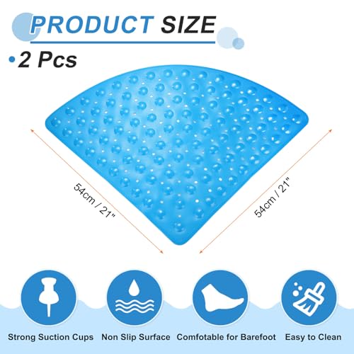 HARFINGTON 2pcs Non Slip Shower Mat 21"x21" Triangle Anti-Slip Washable Floor Bath Mats with Suction Cups for Bathroom Kitchen Bathtub Treads Stairs, Blue by HARFINGTON - Used condition - Image 2