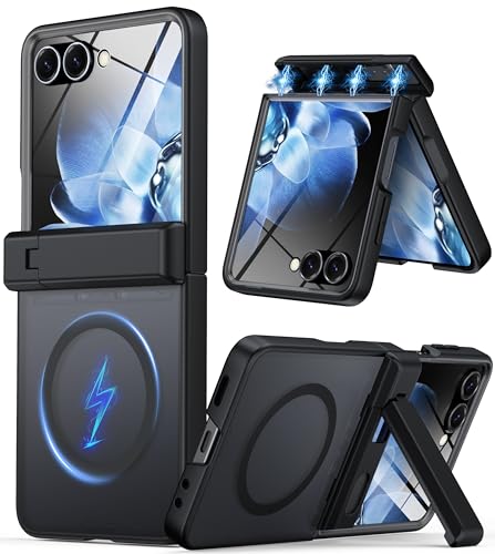 GIVELOT for Samsung Galaxy Z Flip 7 Case Fit for Magsafe [Hinge Protection＆ Kickstand][Built-in Screen Protector][Translucent Matte] 15FT Military Shockproof Full Body Phone Case for Z Flip 7,Black