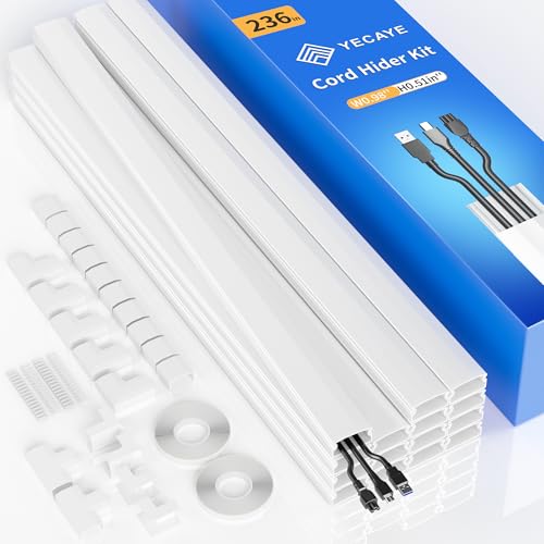 Yecaye TV Cord Hider Wall Mounted, 236in Cord Cover, W0.98in H0.51in, White