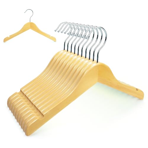 Woodar Rainbow Natural Kids Children Baby Wood Wooden Clothes Dress Shirt Hangers - 360°Stronger Flexible Hook- Extra Smoothly Cut Notches, 10 Pack (Natural)
