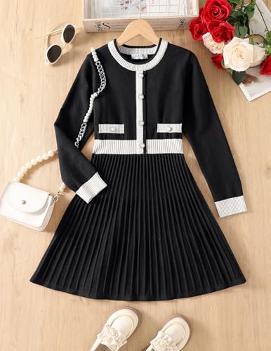 Girl's Knit Casual Sweater Dresses Cable Ribbed Pleated Contrast A-Line Long Sleeve Crew Neck Knitted Midi Dresses2