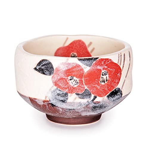 Authentische japanische traditionelle Teezeremonie Ippuku 9,5 cm Durchmesser Mini Matcha Schale Chawan Mino Teetasse strukturierte Glasur Blumenmuster handgefertigt in Japan (Botan Peony) Cover