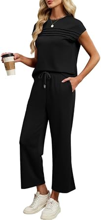 Womens Two Piece Sets Summer Outfits Matching Lounge Sets Vacation Travel Outfits Casual Tops Wide Leg Pants Sets