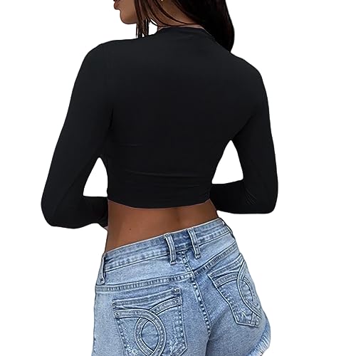 Dwnval Women's Long Sleeve Crop Tops Y2K Crewneck Cute Sexy Slim fit Cropped T Shirts (Black, M) by Dwnval - Used condition - Image 2
