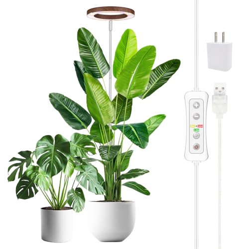 yadoker Plant Grow Light, LED Growing Light Full Spectrum for Indoor Plants,Aluminum Walnut Wood Grain Plant Lights,Height Adjustable, Automatic Timer, 5V Low Safe Voltage,Idea for Large