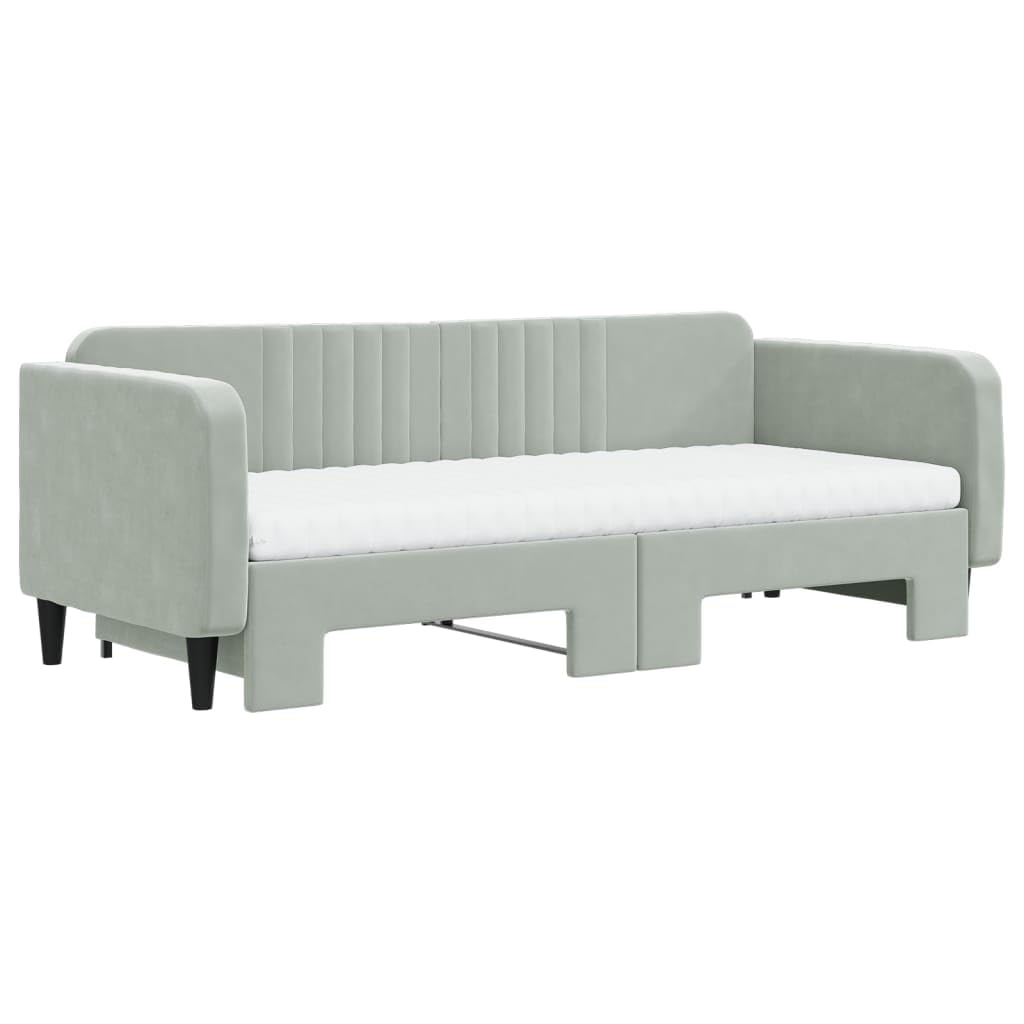 Łóżko dzienne wysuwane z materacem, jasnoszare, 90 x 200 cm, aksamitne obicie, metalowa i drewniana rama, sofa do spania do pokoju gościnnego, nowoczesne wzornictwo