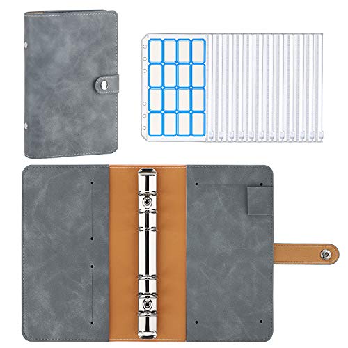 MoKo Funda para Documentos de PU con Cremallera, Carpeta Multifuncional con 12 Bolsillo de Carpeta y 16 Etiqueta Autoadhesiva para Cheques Pasaporte Billetes Facturas y Monedas - Gris