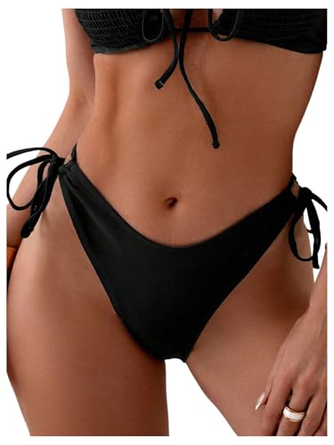 GORGLITTER Women's Tie Side High Cut Cheeky Bikini Bottoms High Waist Sexy Swimwear Bottom Black Large