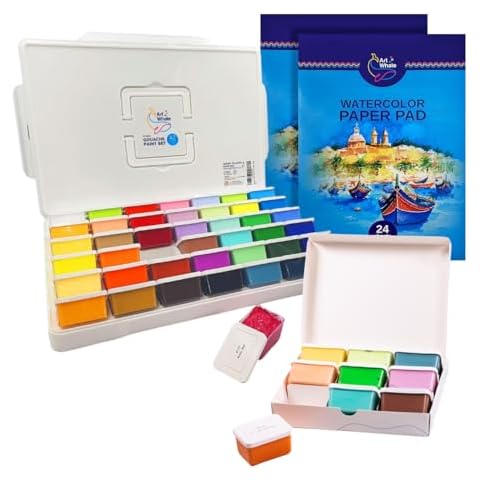 Art Whale Bundle – Gouache Paint Set 42 Colors 1.7 fl oz + Gouache Paint Set 9 colors(Pastel) + 2 Watercolor Paper Pads (24 Sheets Each, 140 lb/300 GSM) Cover