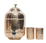 Handmade House Wasserspender aus gehämmertem reinem Kupfer, 4 Liter Wassertopf Matka Ayurveda Heilwasserspeicher Tank mit 2 Serviergläsern und Flasche 3 Stück