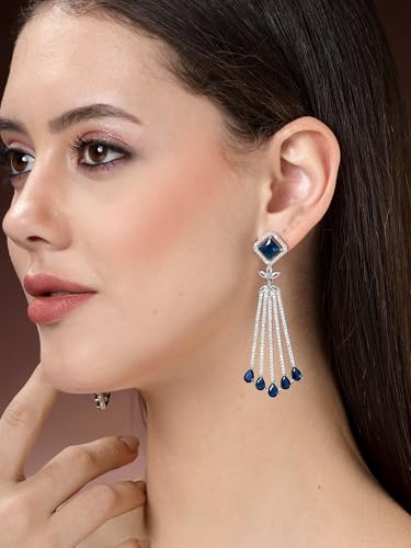 Image of Karatcart Women Silver Plated Blue American Diamond Studded Jhumki Earrings