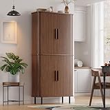 ONBRILL 71' Fluted Pantry Cabinet, Tall Kitchen Pantry Storage Cabinet with 2 Pegboards, 4 Hooks & Adjustable Shelves, Wood Cupboard for Kitchen, Dining Room, Living Room and Hallway, Walnut