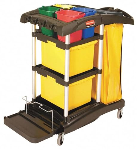 Rubbermaid Commercial Housekeeping Service Cart with Color Coded Pails - Black