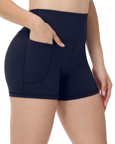Runhit Bike Shorts with Pockets Women - 3'' High Waisted Volleyball Workout Gym Spandex Quick Dry Tummy Control Shorts Navy