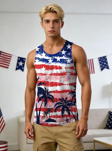 Image of Ithalt USA Tank Top Men 4th of July Patriotic Sleeveless American Flag Workout Shirt Summer Beach Independence Day