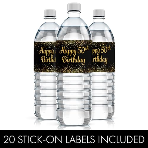 Black and Gold 50th Birthday Party Water Bottle Labels - 20 Stickers