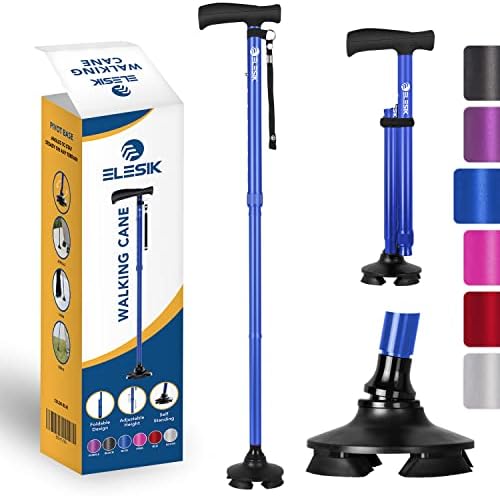 ELESIK Walking Cane for Women & Men - Adjustable Folding Cane with T Handle and Pivot Base Design, Foldable Walking Stick for Seniors with Nylon Strap, Collapsible Cane for Safe Walking (Blue)