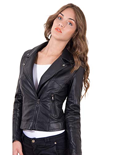 Generic - Blouson en cuir motard femme noir Made in Italy col cranté