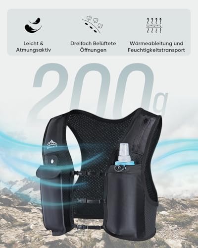 Zelvot Laufweste für Damen und Herren, Europäisches Originalpatent, Verstellbare Brustgurte, Trinkweste Laufen mit 500ml Wasserflasche, Reflektierender Trinkrucksack mit Handyhalterung (Black, XS/S)