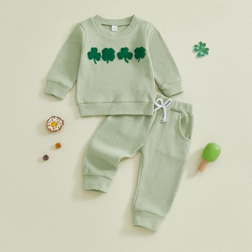 Image of Toddler Baby Boy St Patricks Day Outfit Infant Lucky Clover Sweatshirt Pants Set Little Kids Spring Warm Clothes