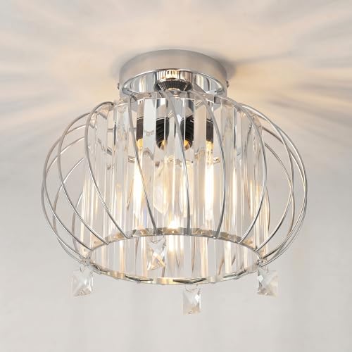 ANWIO Lustre en Cristal Moderne Argent, E27 Plafonnier Led Cuisine Ø280mm, Luminaires Intérieur pour Salon, Chambre, Salle à Manger