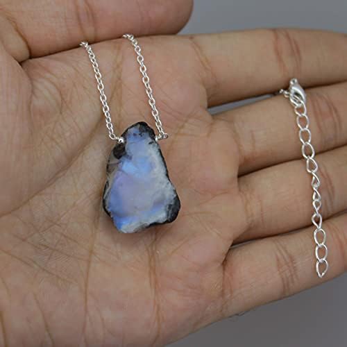 Gempires Natural Rainbow Moonstone with Black Tourmaline Crystal Pendant Necklace, Blue Fire Raw Moonstone Jewelry, Healing Energy, 15-20 mm Raw Stone, 16 + 2 Inch Adjustable Silver Plated Chain