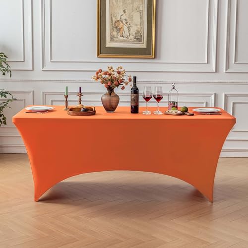 Image of FOLINS&HOME Orange 8ft Fitted Water Resistant Tablecloth with Spandex