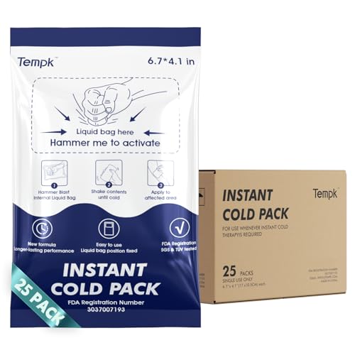Tempk Big 25 Packs(6.7”*4.1“) Instant Cold Packs TUV/SGS Certified | 20mins Long-Lasting Ice Compress for Injuries, Pain Relief, Swelling | Disposable Cold Pack for Athletes, Sprains & First Aid