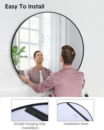 Round Mirror, 32 inch Circle Mirror, HD Eco-Friendly Round Bathroom Mirror for Over Sink, Big Matte Black Metal Framed Wall Mirror for Wall, Vanity, Entryway, Hallway, Living Room, Easy to Install