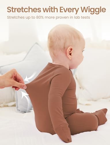 PATPAT Organic Cotton Baby Footie Pajamas with Two-Way Zipper & Fold-Over Mittens, Soft Stretchy Romper for Newborn Boy Girl3