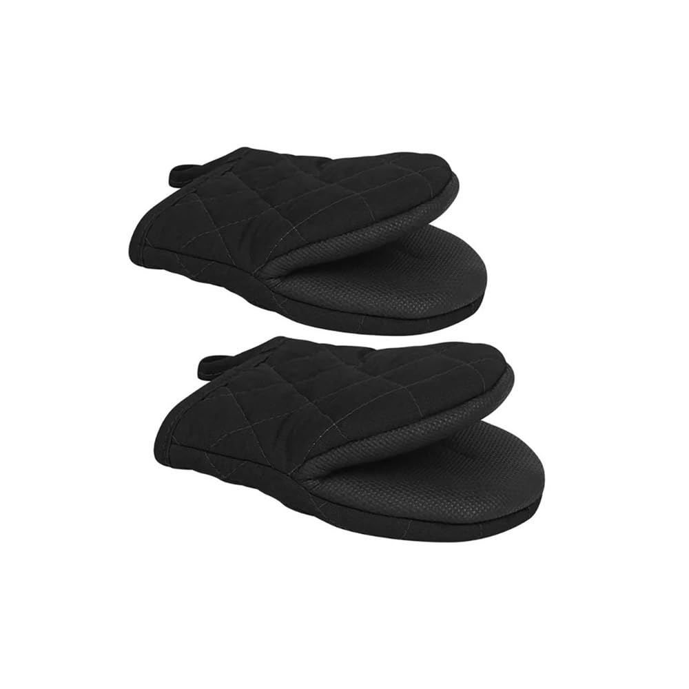 2 Kurze Ofenhandschuhe, Silikon-Küchenhandschuhe, hitzebeständig bis 260 °C, mit Rutschfester Grifffläche und Aufhängeschlaufe, Schwarz(2Pcs Black)