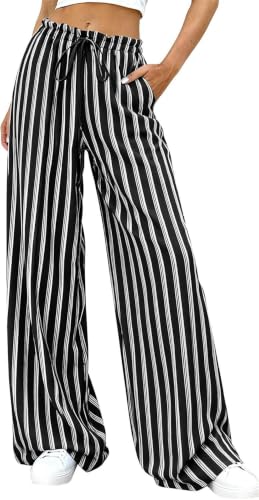 Pantalon rayé pour femme décontracté et ample à jambe large