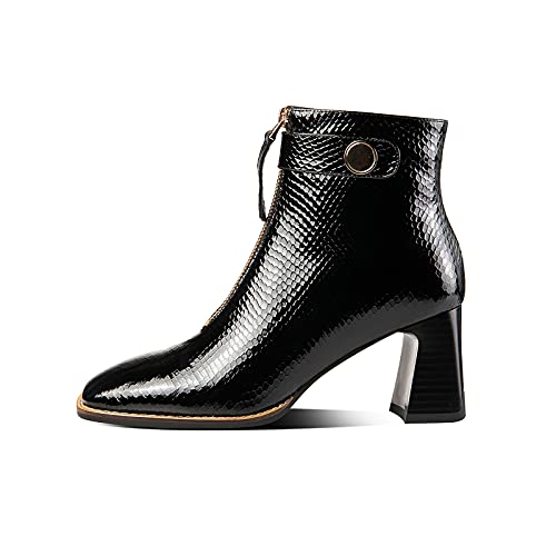 TinaCus Patent Leather Women's Handmade Chunky Heel Side Zip Up Square Toe Ankle Boots with Front Zipper Decor2