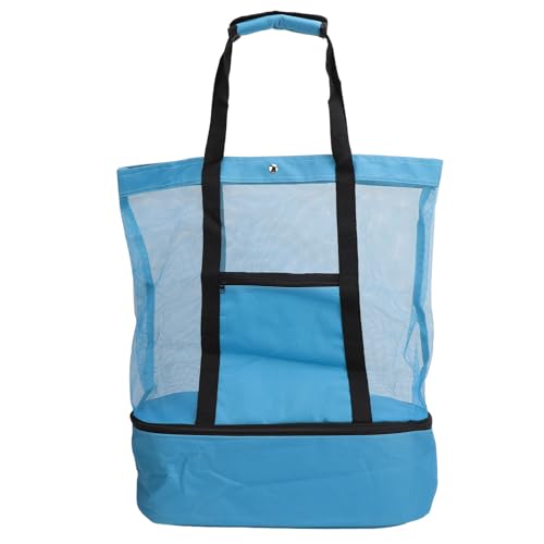 Beach Mesh Handbag, Stylish Lightweight Mesh Beach Bag Double Zippered Removable Cooler for Picnic Camping Travel with Extra Pocket (Blue)