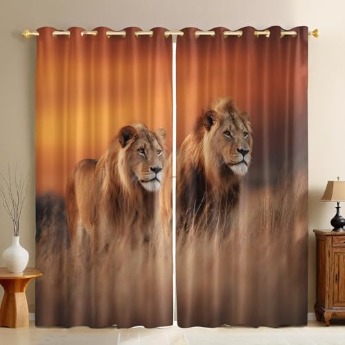 Brun Lot de 2 Rideaux Occultants Thermiques Lion de la Savane Isolants Phoniques Anti Froid avec...