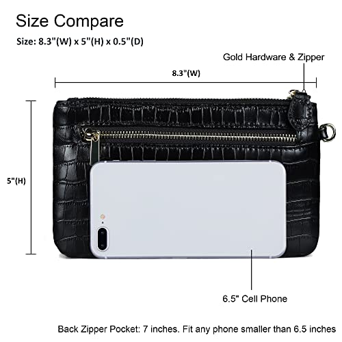 befen Genuine Leather Wristlet Clutch RFID Blocking Bag Cell Phone Wallet Purse Smartphone Wristlet Wallet Purses and Handbags for Women, Black Crocodile - Thumbnail 6