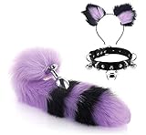  Bnmgh Orejas de Gato Negro Morado + Zorro de Felpa Suave de Acero Inoxidable de simulación Collar de Cola Collar de Gargantilla encantos de Halloween Cosplay (3 Piezas, S-2.8cm)