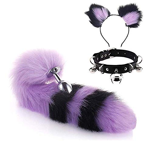 Bnmgh Orejas de Gato Negro Morado + Zorro de Felpa Suave de Acero Inoxidable de simulación Collar de Cola Collar de Gargantilla encantos de Halloween Cosplay (3 Piezas, S-2.8cm) Cover