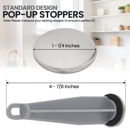 (2-Pack) Bathroom Sink Pop-Up Stoppers - Plastic Pop-Up Stoppers With Chrome Finish - Standard Design 1-1/4” Cap Outer Diameter, 4-7/8 Overall Height - With 1 Mounting Hole And Gasket Seal #TOP1
