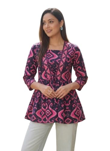 Image of NAINVISH Women's Blue Floral Printed A-line Square Neck Top (SD669 T)