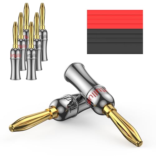 Tertullus 8 stuks High End banaanstekkers voor luidsprekers, 24K verguld, 4mm, schroefbaar, verguld banaan-aansluiting met krimp voor luidsprekerkabels/versterkers, HiFi-boxen, AV-receivers