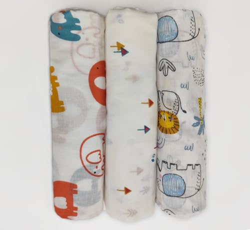 Image of Trance Home Linen Super Ultra Soft 100% Cotton Malmal Baby Swaddle Cloth | Baby Wrap for New Born Babies | Skin Frindelly Soft Baby Towel |New Born Swaddles-(100x100 Cm, Peeples & Pine,Pack of 3)