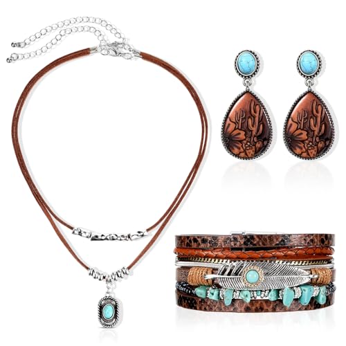 Misdary 3 Pcs Western Jewelry for Women Bohemian Set Boho Vintage Leather Pendant Necklace Oval Earrings Faux Leather Bracelet Jewelry for Country Concert Cowgirl