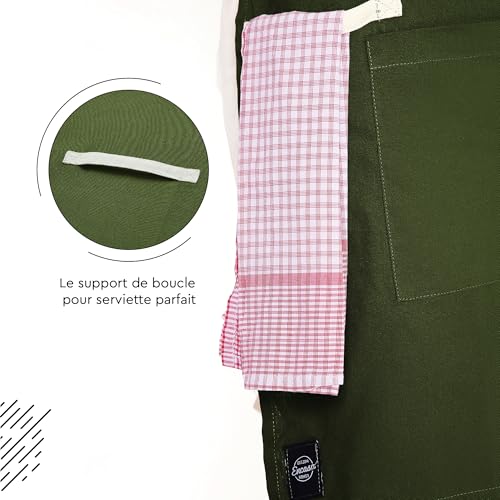 Encasa XO Tablier de Cuisine Chef, Homme Femme, Coton Réglable Vert Feuille – vue 5