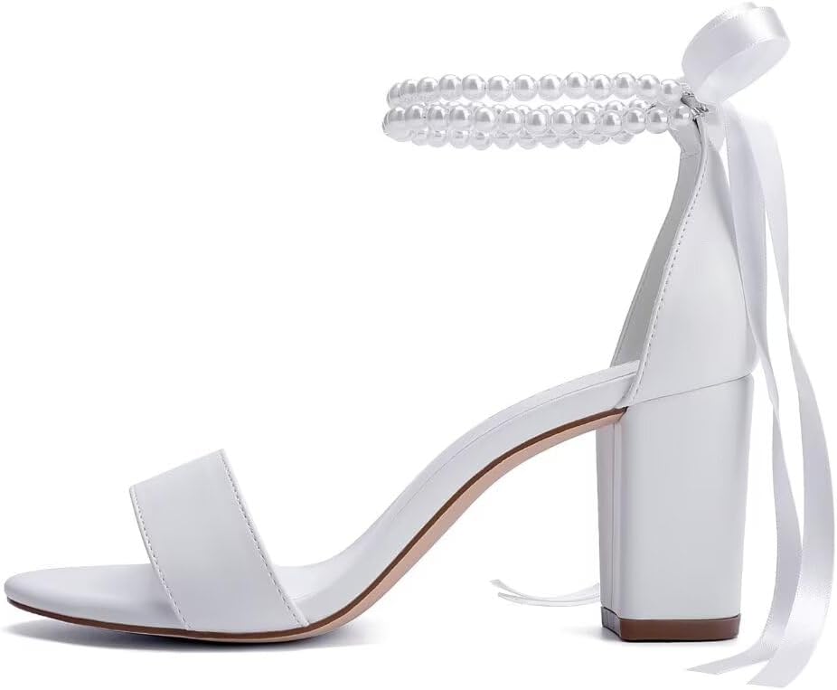 Block Heel Wedding Shoes for Bride Women Chunky Heeled Sandals Pearl Bridal Shoes - Image 3