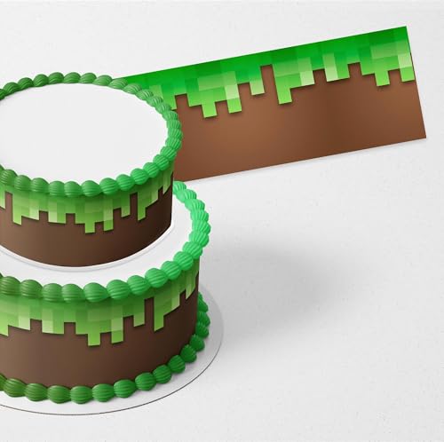 Pixel Grass Cake Wrap Edible Image – Gaming Cake Border Strips, 3 Edible Strips per Sheet, Easy Cake Decoration for Birthday Parties, 2.5 x 10.5 Inches Each (Pattern A)