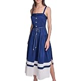 KARL LAGERFELD Paris Women's Sleeveless Square Neck Cotton Colorblock Midi Dress, Maritime/Soft...